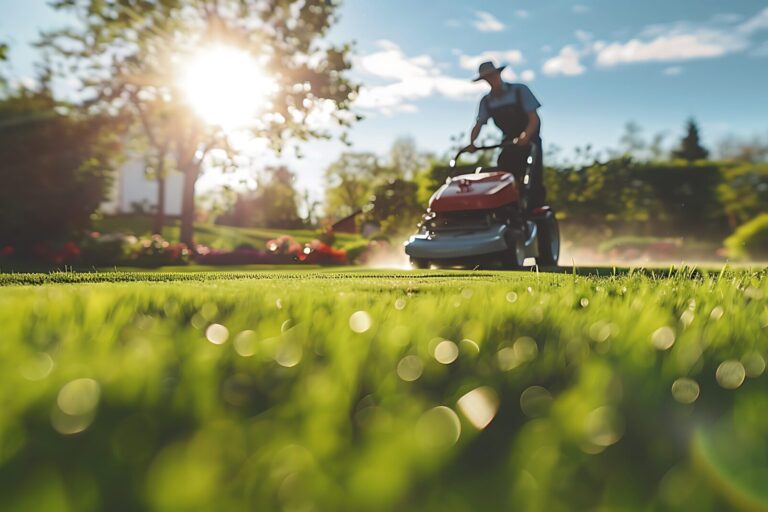 A picturesque scene of a professional landscaper mowing a large lawn with a commercial mower, uniform and equipment visible, lush green grass, sunny sky, detailed and realistic, hd quality,