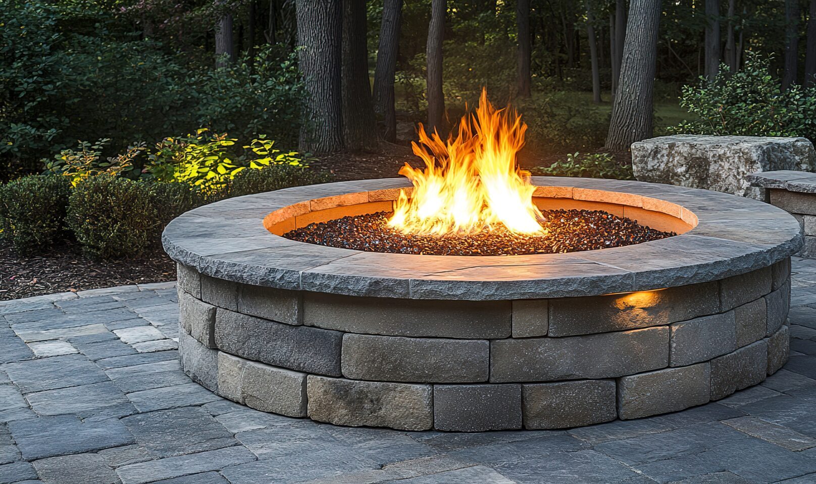 Circular outdoor stone paver firepit with fire blazing inside and subtle recessed lighting hidden around the base; hardscaping background image --ar 2:1 --v 6.1 Job ID: fa5f82eb-d559-4b54-854e-3fc58bcb0a8c