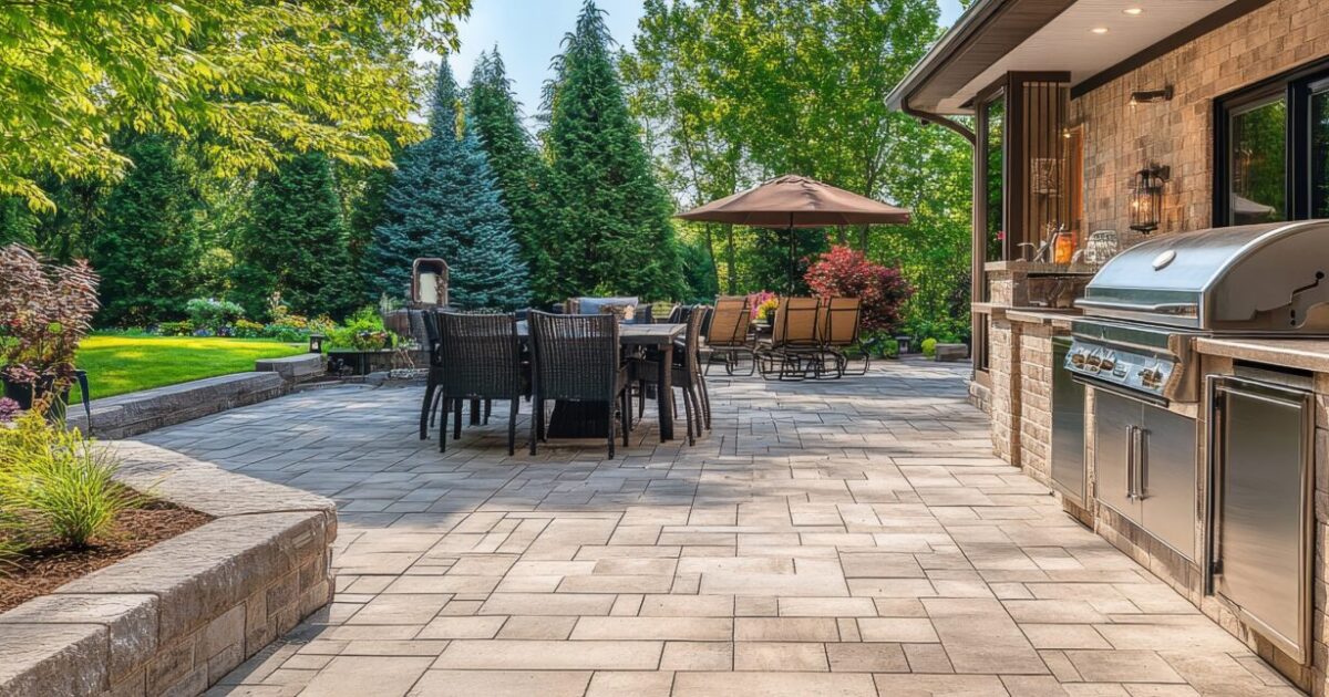 A modern backyard patio with a hardscape design and an outdoor kitchen. The patio features a dining area with chairs and a table, a built-in grill and a large stone countertop. The patio is surrounded by lush greenery and trees, providing a relaxing and inviting atmosphere.